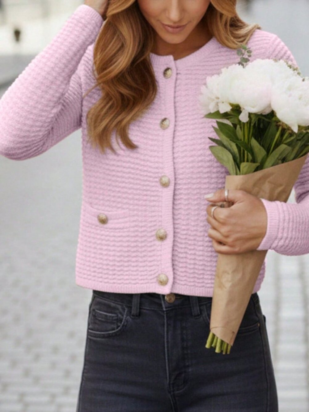 Pink Casual Women's Round Neck Button Pocket Knit Sweater - Picture 3 of 6